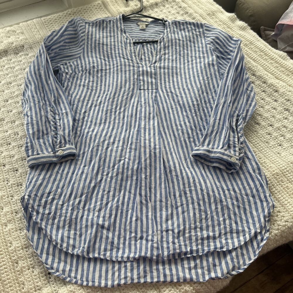 LL Bean Women’s Size S Shirt Tunic Top Popover Blue White Striped 100% Linen